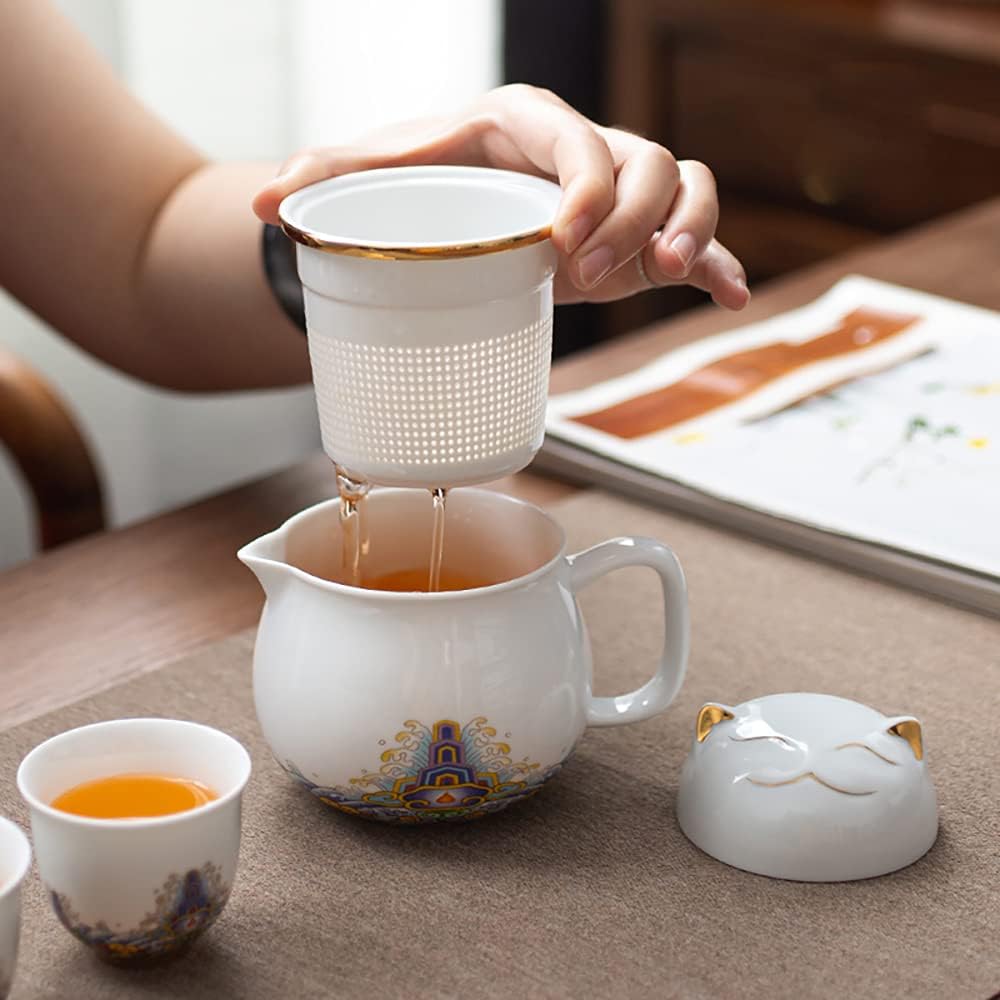 【Cat-Shaped Portable Tea Set】Ceramic Travel Teapot & Cups — Hand-Painted Design, Cute Cartoon Style with Carrying Case, Perfect Gift