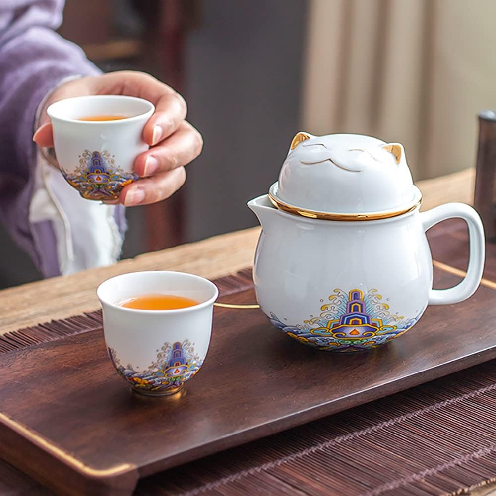 【Cat-Shaped Portable Tea Set】Ceramic Travel Teapot & Cups — Hand-Painted Design, Cute Cartoon Style with Carrying Case, Perfect Gift