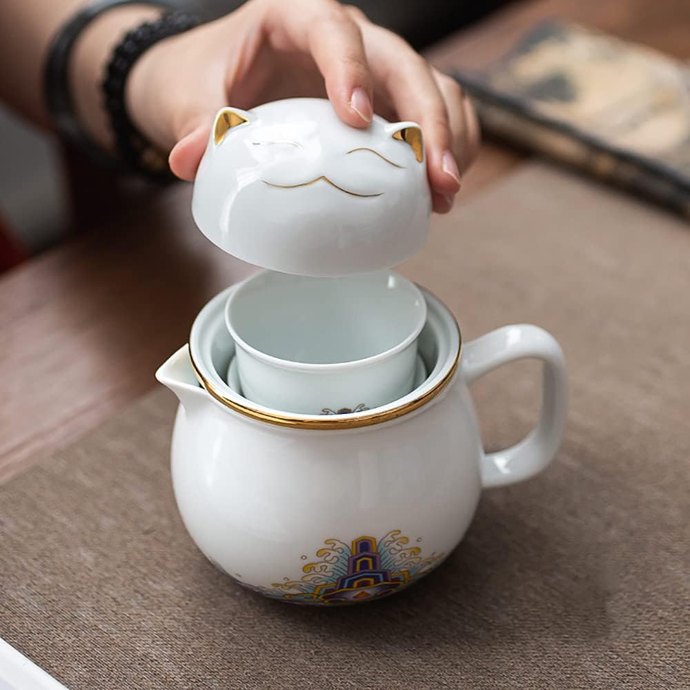 【Cat-Shaped Portable Tea Set】Ceramic Travel Teapot & Cups — Hand-Painted Design, Cute Cartoon Style with Carrying Case, Perfect Gift