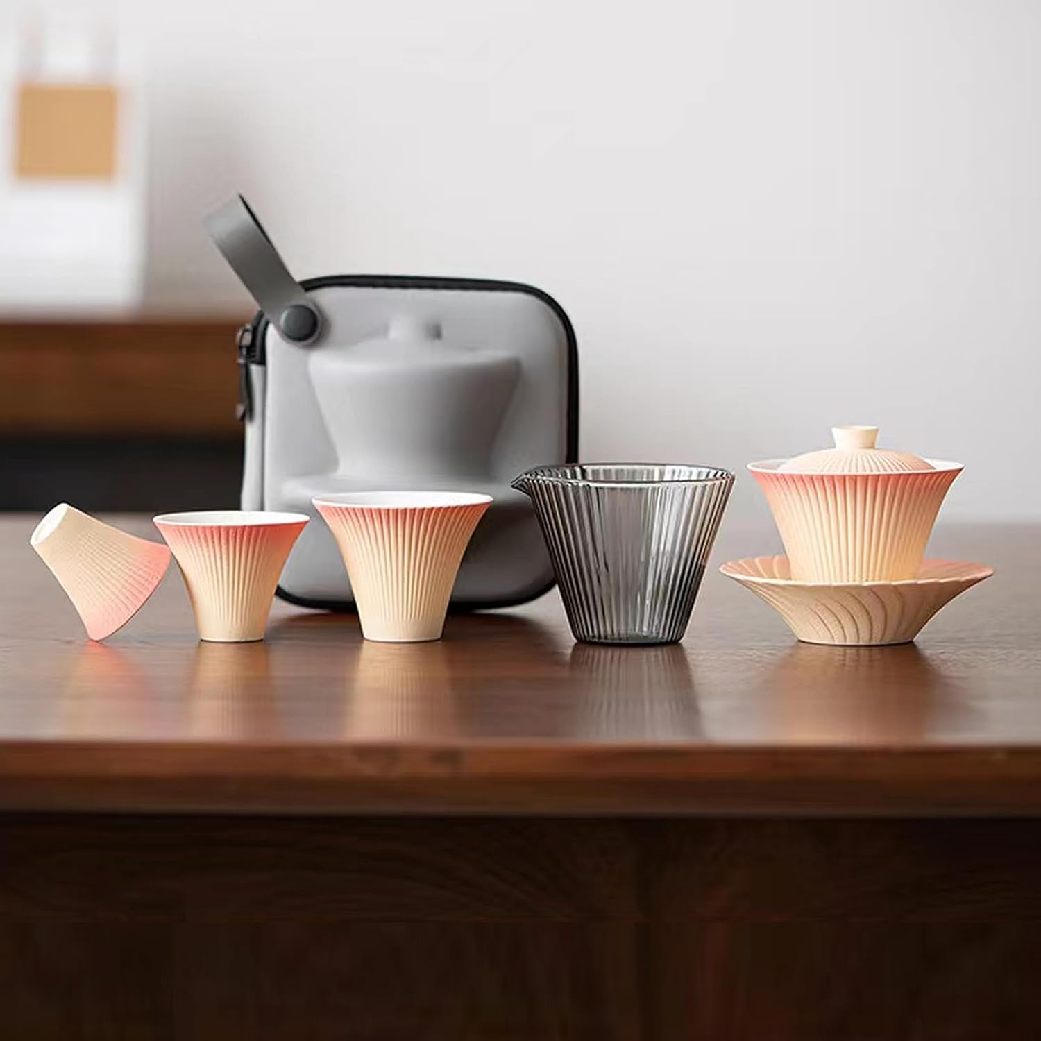 Modern Ceramic Travel Tea Set — Gaiwan, Fair Cup, Tea Cups with Carrying Case, Perfect for Office, Home, and Travel, Elegant Gift Box