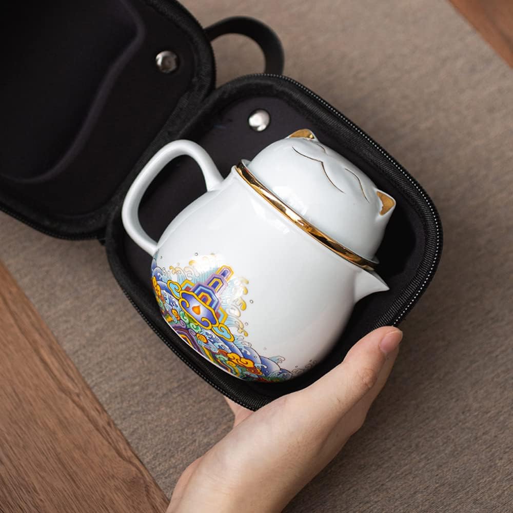 【Cat-Shaped Portable Tea Set】Ceramic Travel Teapot & Cups — Hand-Painted Design, Cute Cartoon Style with Carrying Case, Perfect Gift