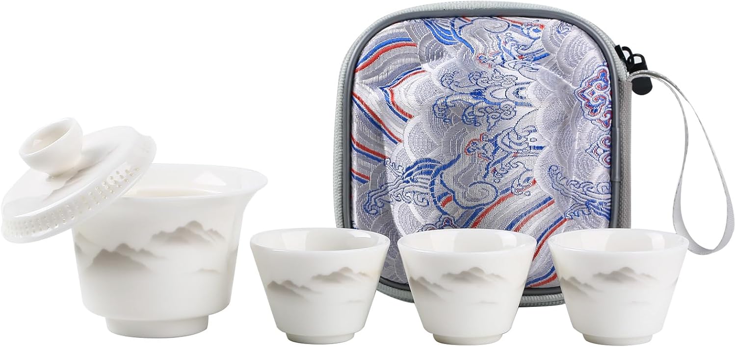 【Portable Mountain & River Gaiwan Tea Set】Gaiwan with 4 Cups, Traditional Chinese Design with Brocade Carrying Case