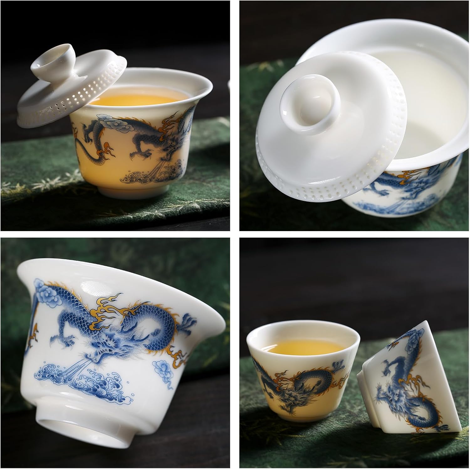 【Blue and White Dragon Gaiwan Tea Set】Portable Ceramic Kung Fu Tea Set — Gaiwan with 4 Cups, Traditional Chinese Style with Brocade Carrying Case