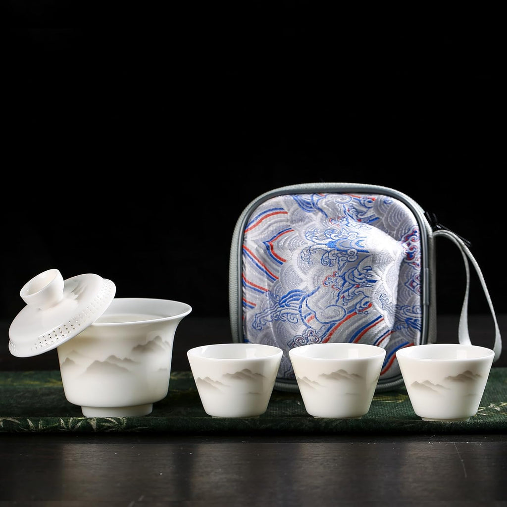 【Portable Mountain & River Gaiwan Tea Set】Gaiwan with 4 Cups, Traditional Chinese Design with Brocade Carrying Case