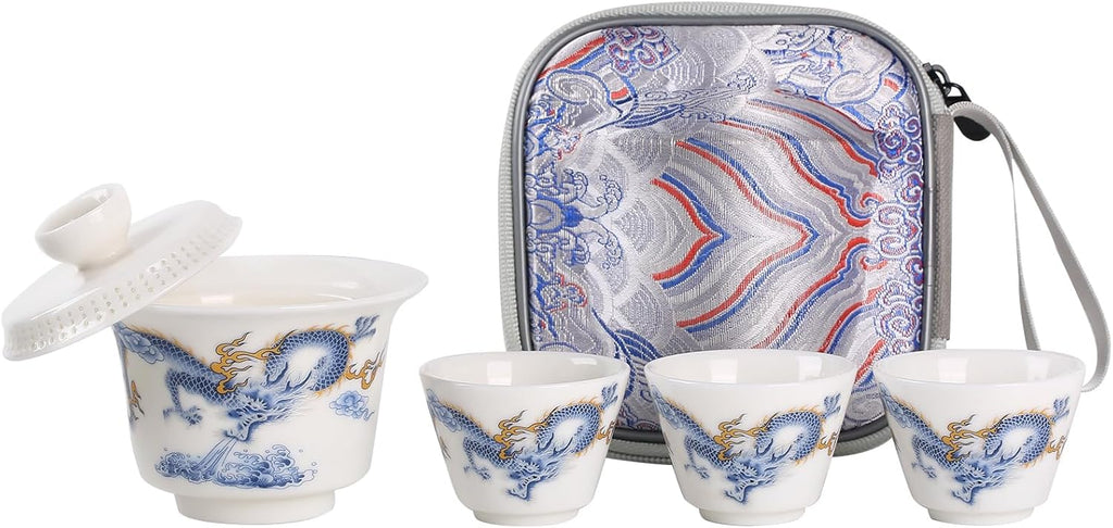 【Blue and White Dragon Gaiwan Tea Set】Portable Ceramic Kung Fu Tea Set — Gaiwan with 4 Cups, Traditional Chinese Style with Brocade Carrying Case