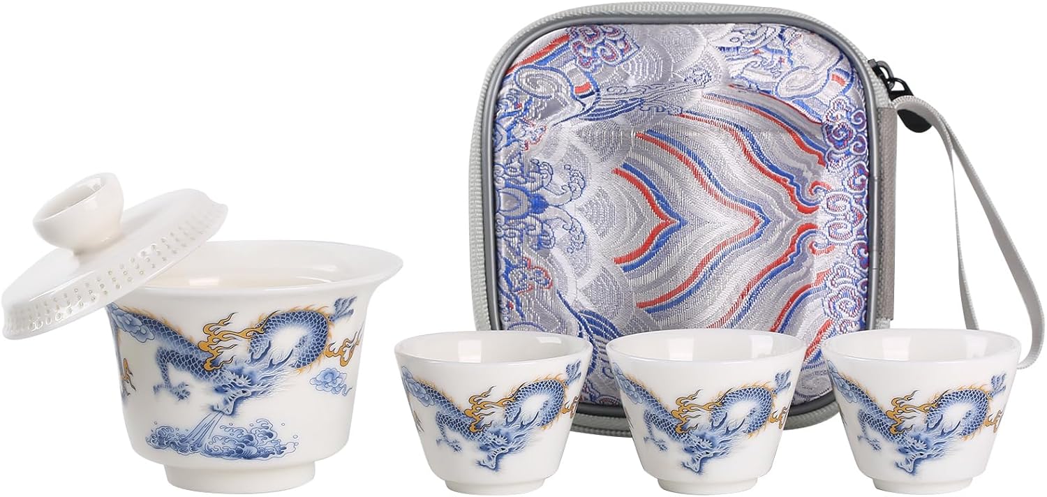 【Blue and White Dragon Gaiwan Tea Set】Portable Ceramic Kung Fu Tea Set — Gaiwan with 4 Cups, Traditional Chinese Style with Brocade Carrying Case