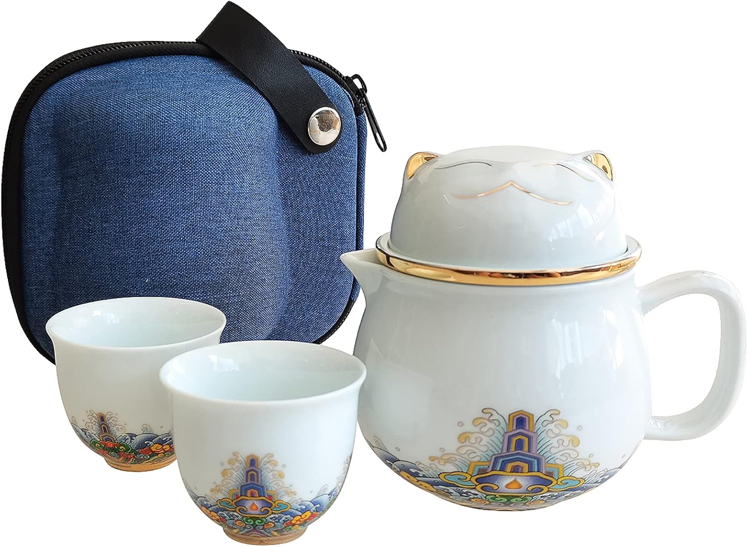 【Cat-Shaped Portable Tea Set】Ceramic Travel Teapot & Cups — Hand-Painted Design, Cute Cartoon Style with Carrying Case, Perfect Gift