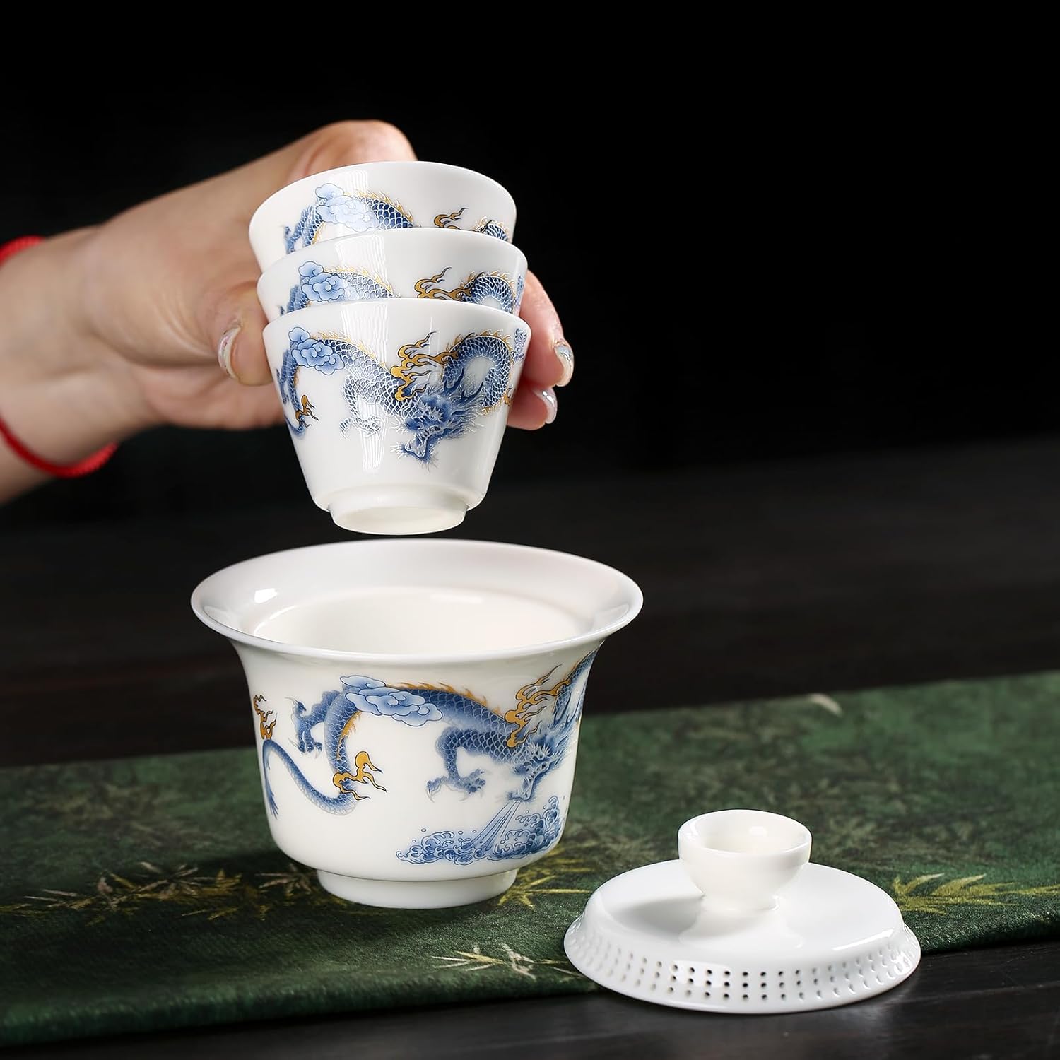 【Blue and White Dragon Gaiwan Tea Set】Portable Ceramic Kung Fu Tea Set — Gaiwan with 4 Cups, Traditional Chinese Style with Brocade Carrying Case
