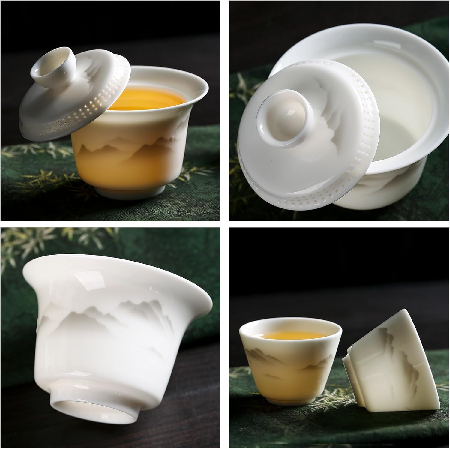 【Portable Mountain & River Gaiwan Tea Set】Gaiwan with 4 Cups, Traditional Chinese Design with Brocade Carrying Case