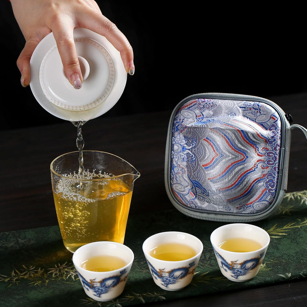 【Blue and White Dragon Gaiwan Tea Set】Portable Ceramic Kung Fu Tea Set — Gaiwan with 4 Cups, Traditional Chinese Style with Brocade Carrying Case