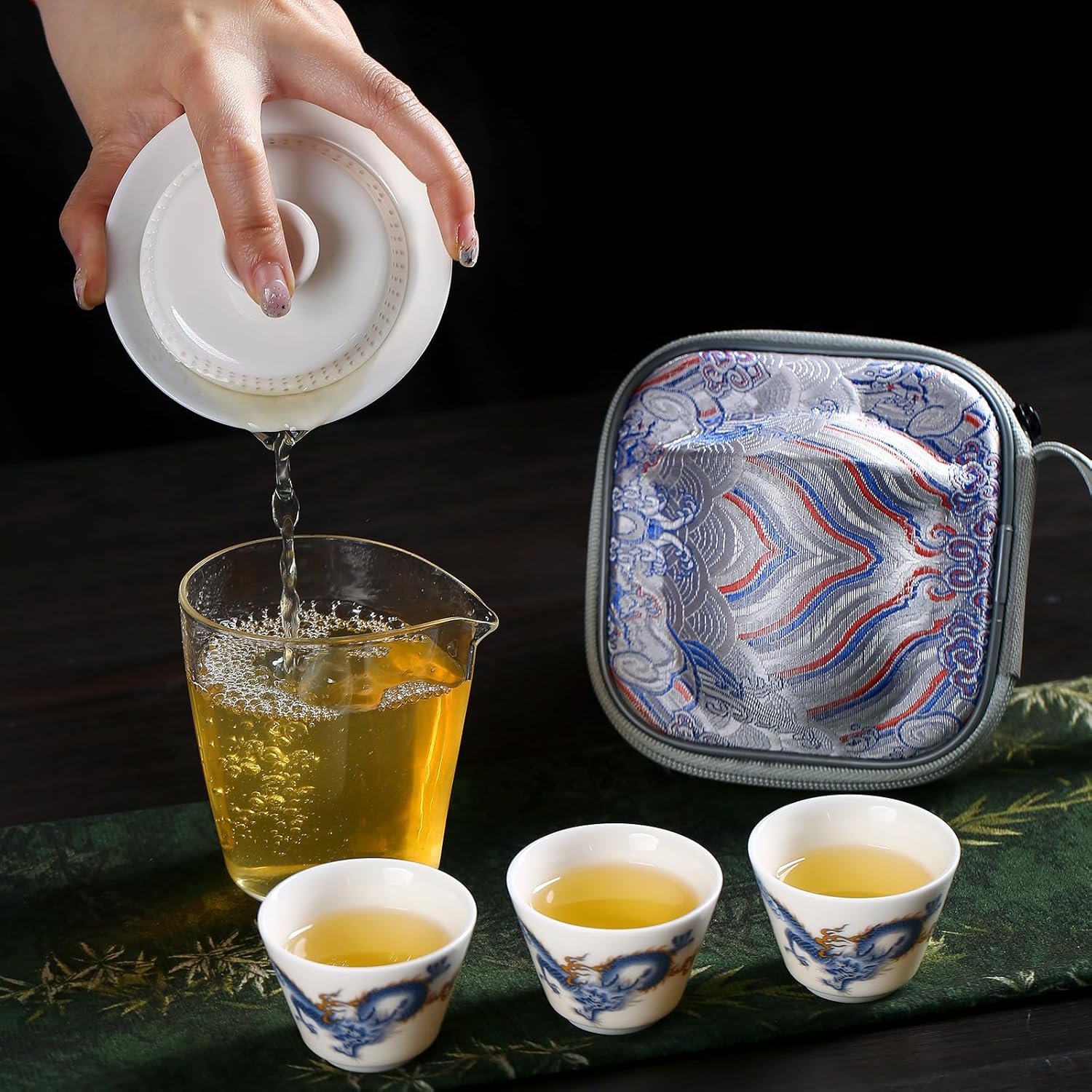 【Blue and White Dragon Gaiwan Tea Set】Portable Ceramic Kung Fu Tea Set — Gaiwan with 4 Cups, Traditional Chinese Style with Brocade Carrying Case