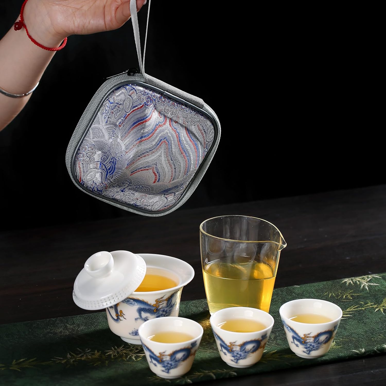 【Blue and White Dragon Gaiwan Tea Set】Portable Ceramic Kung Fu Tea Set — Gaiwan with 4 Cups, Traditional Chinese Style with Brocade Carrying Case