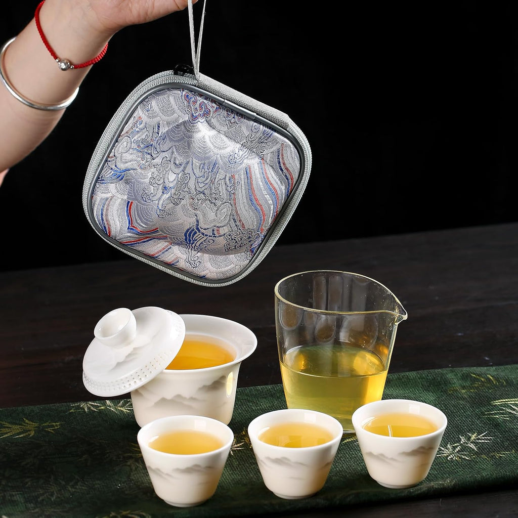 【Portable Mountain & River Gaiwan Tea Set】Gaiwan with 4 Cups, Traditional Chinese Design with Brocade Carrying Case